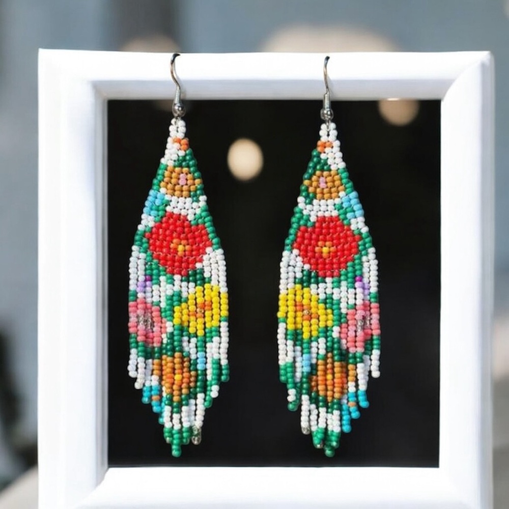 Multicoloured Flowers in Bloom Beaded Tassel Earrings. New.